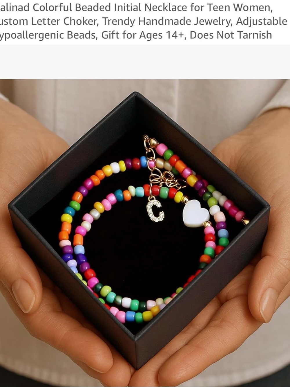 Malinad Multicolor Beaded Necklace with Initial C and White Heart Charm choker